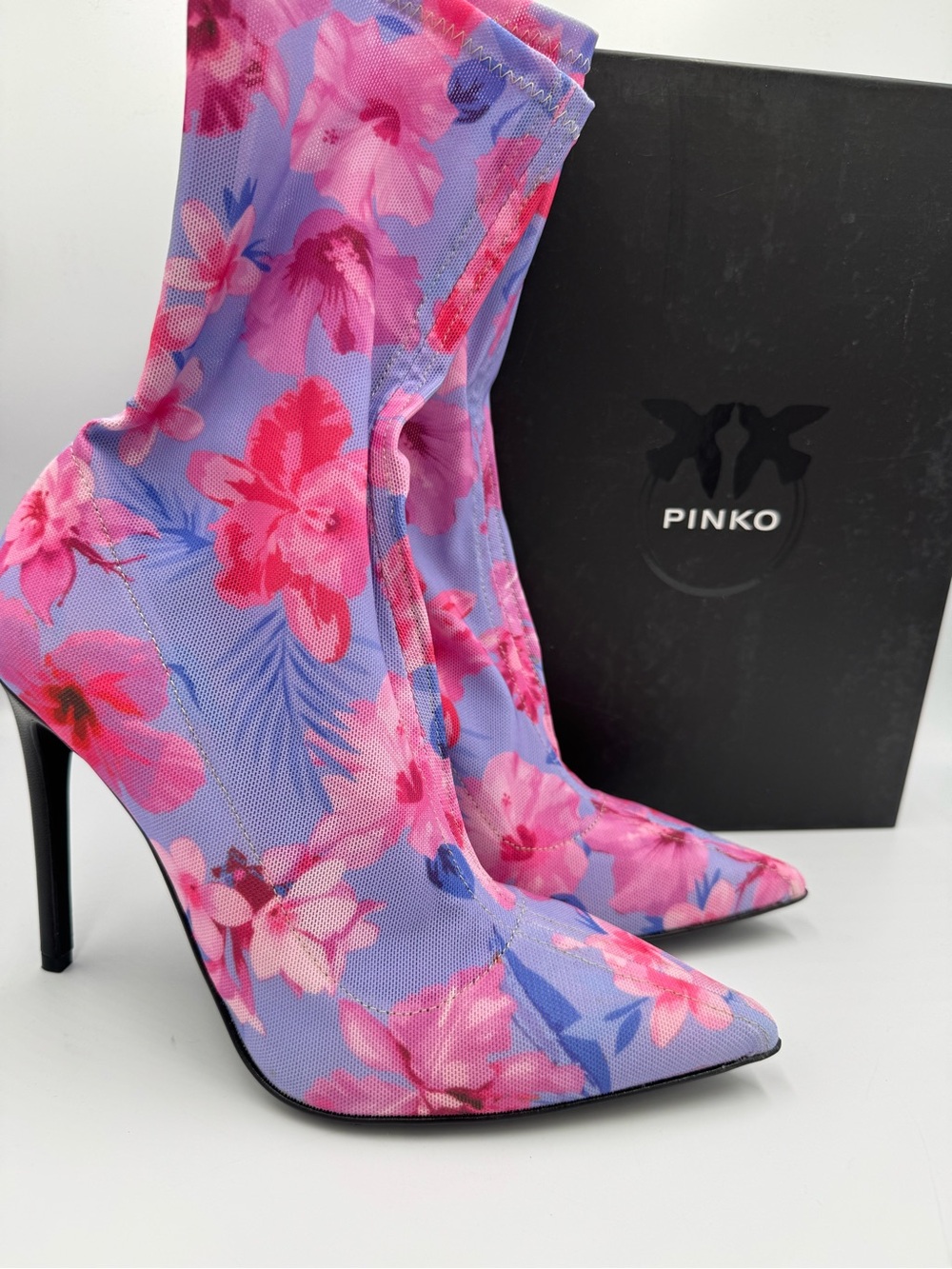 PINKO Hawaiian Floral Sock Ankle Boots Stiletto Heels Lilac Pink Size 9 EU 39
